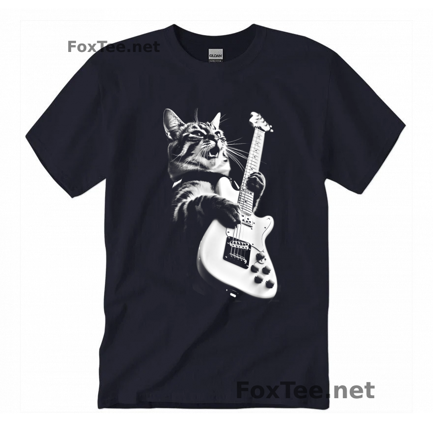 Thumb Rock Cat Playing Guitar T-Shirt - Navy