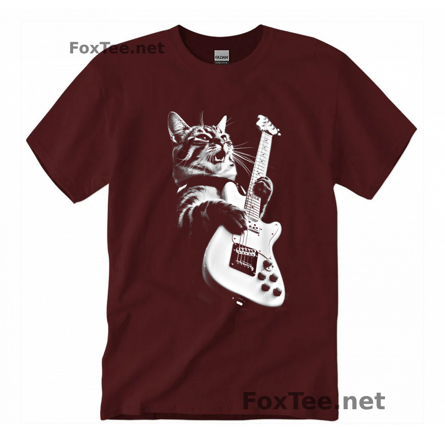 Thumb Rock Cat Playing Guitar T-Shirt - Maroon