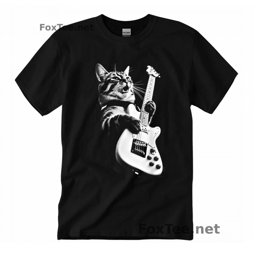 Thumb Rock Cat Playing Guitar T-Shirt - Black