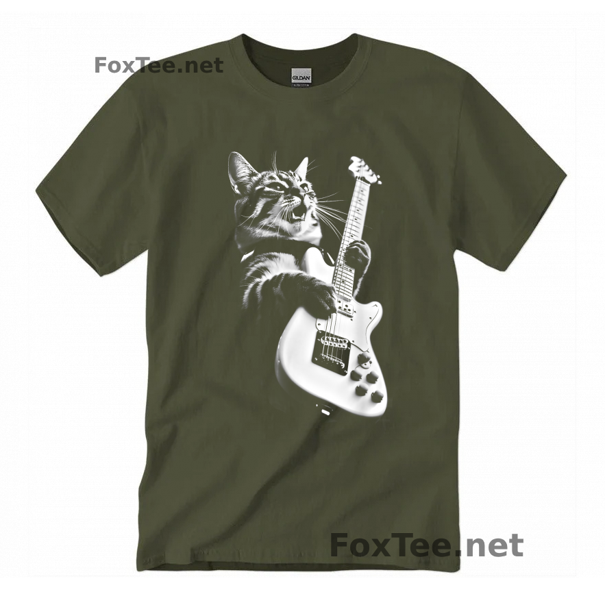 Thumb Rock Cat Playing Guitar T-Shirt - Military Green